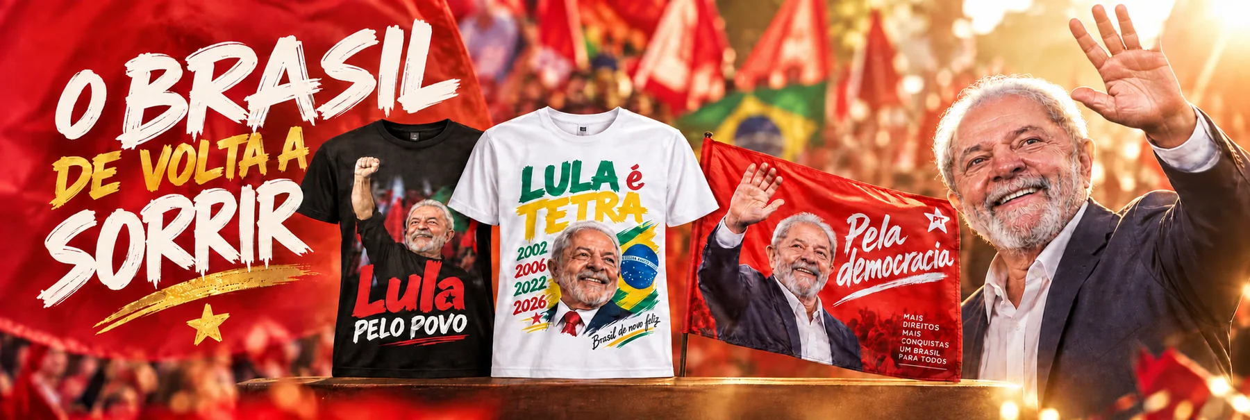 O Brasil de volta a sorrir. Banner com Lula sorrindo e saudando, camisetas preta e branca e bandeira vermelha da coleção.