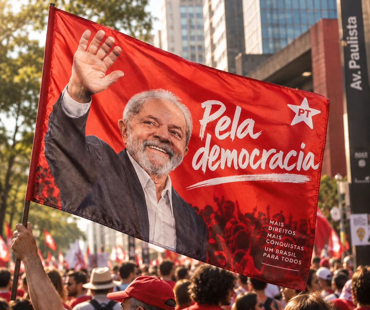 Cena ilustrativa com uma bandeira vermelha da coleção erguida pela multidão