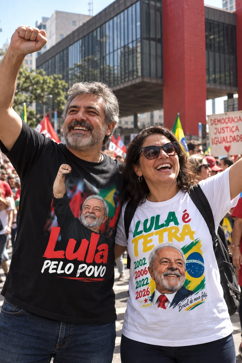 Cena ilustrativa de pessoas usando camisetas preta e branca da coleção